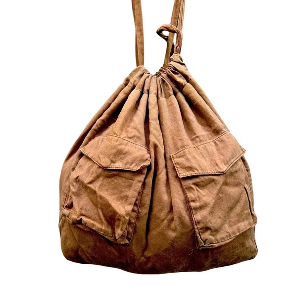 ZARA Brown Canvas Cotton Tote Bag Large 21x17 Adjustable Straps Boho Hobo Hippie - Picture 2 of 6